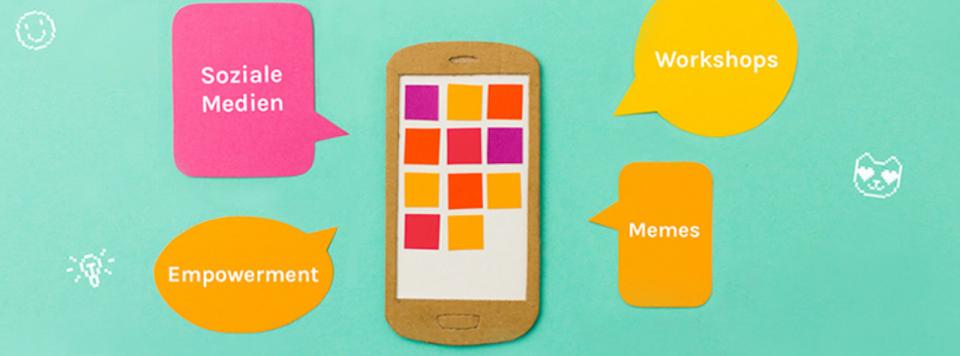 Illustration eines Smartphones umgeben von Sprechblasen mit Stichworten zum Thema Prävention im Netz.