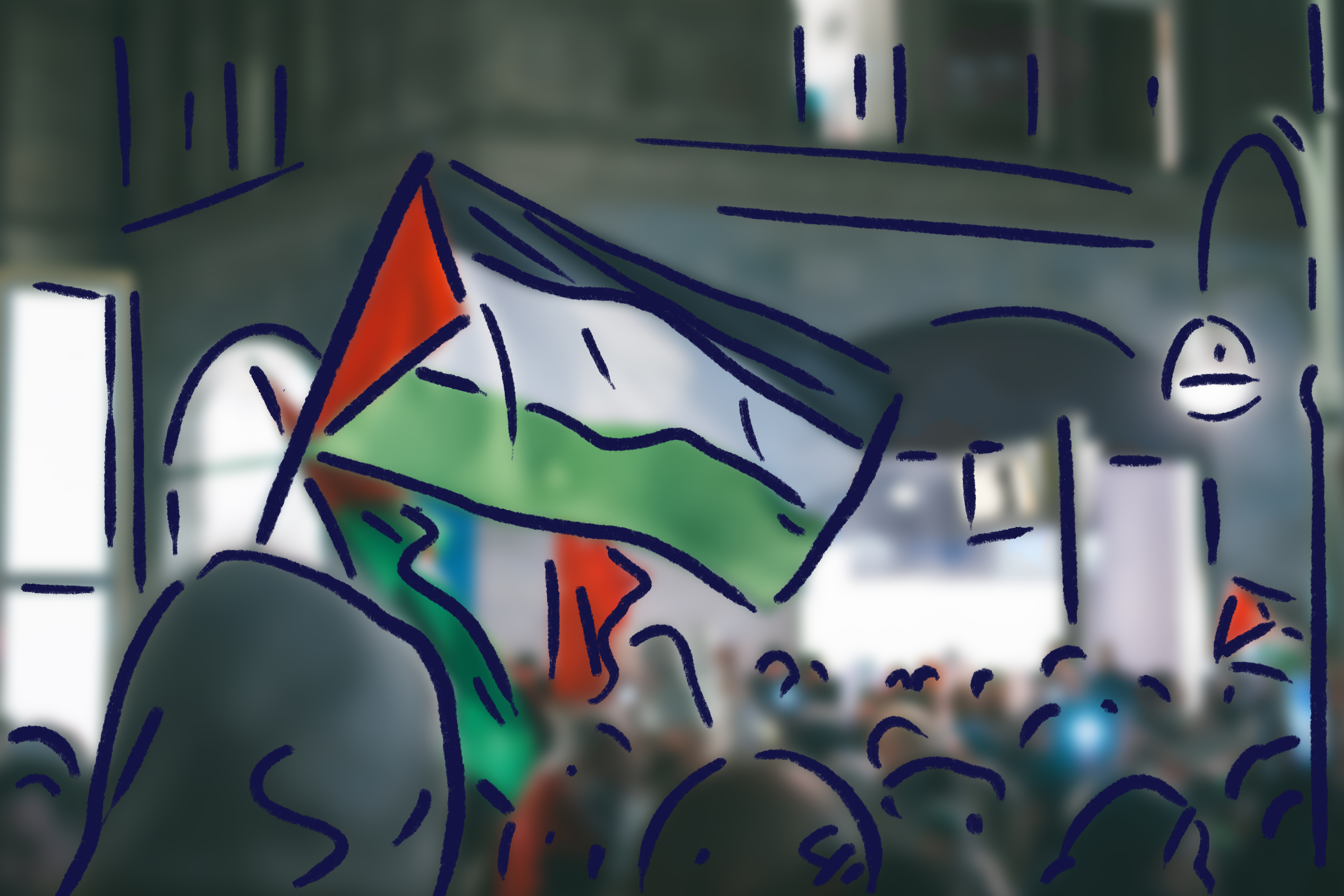 Eine Gruppe von Menschen, die palästinensischen Flaggen halten. Die Flagge zeigt die panarabischen Farben Schwarz, Weiß, Rot und Grün.