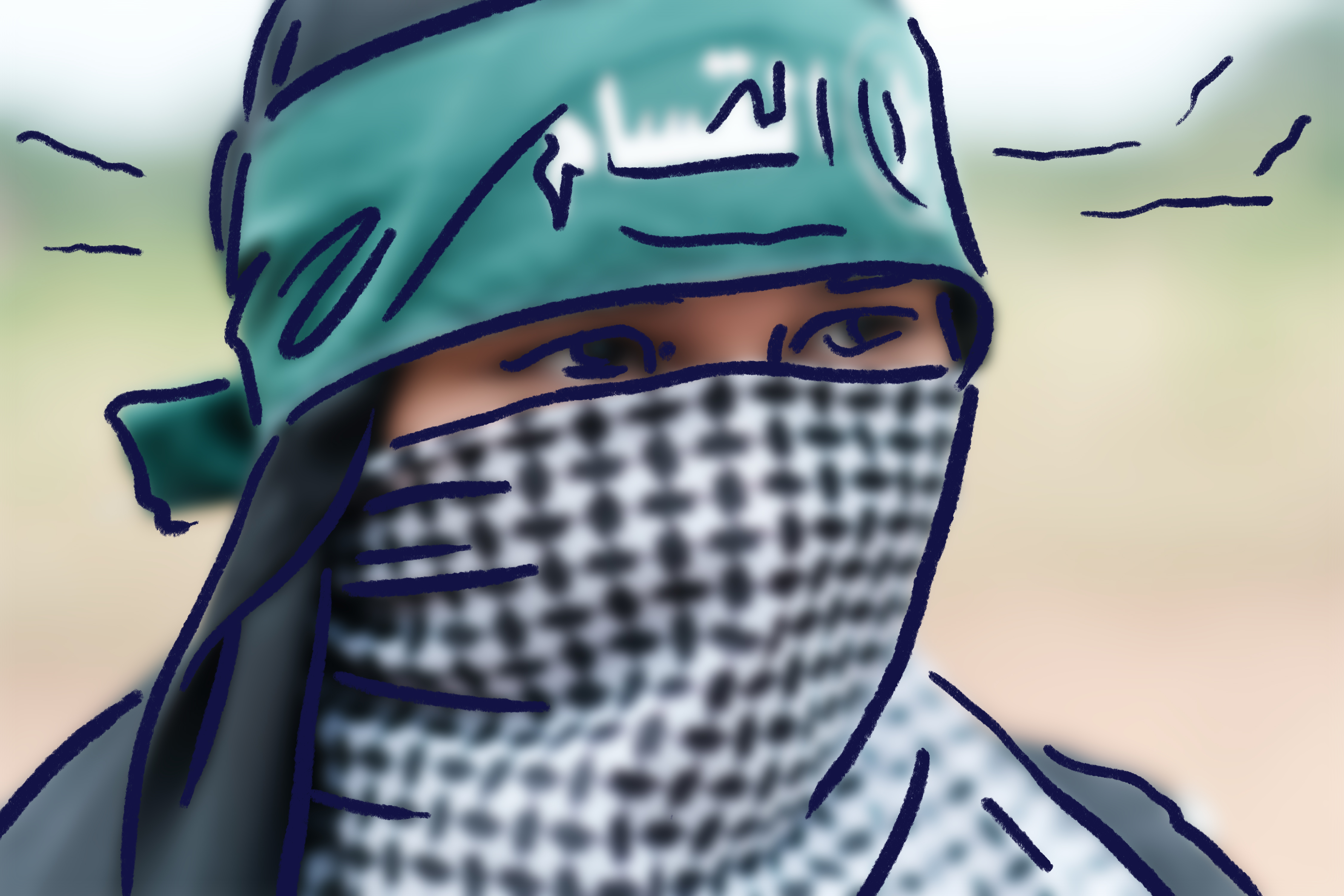 Eine vermummte Person mit einem Stirnband