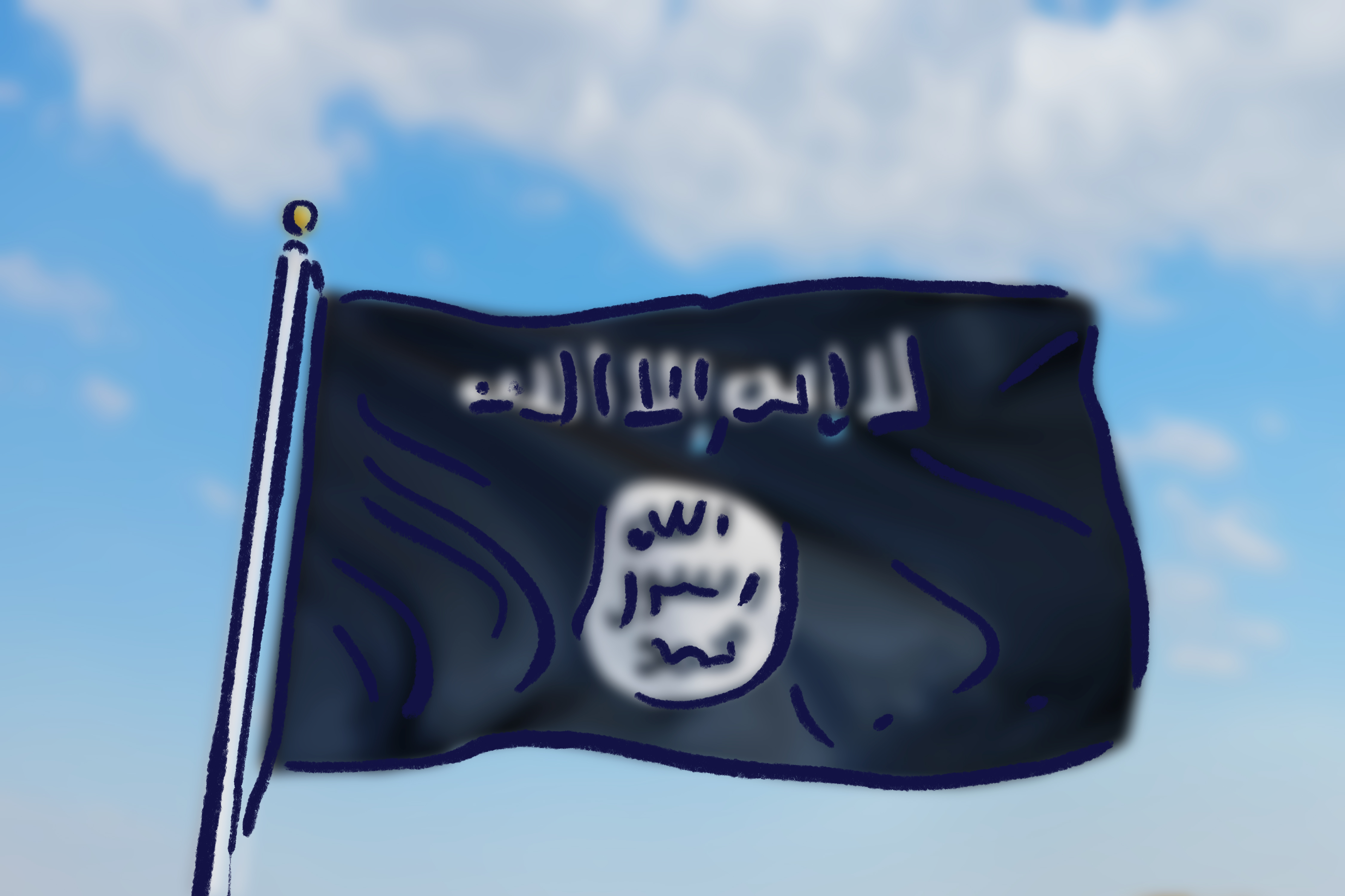 Eine schwarze Flagge mit weißen arabischen Buchstaben darauf