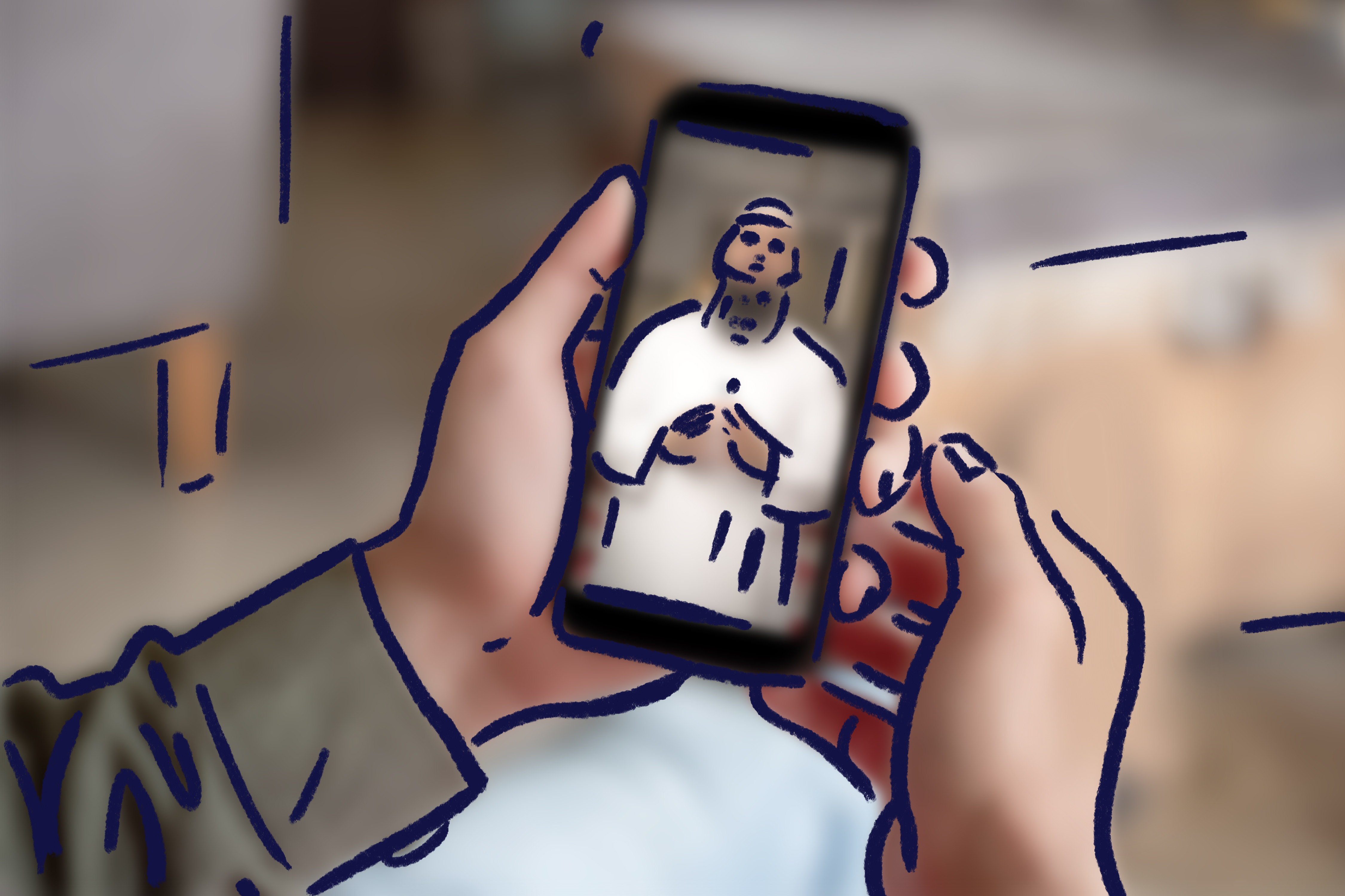 Zwei Hände halten ein Handy und auf dem Display ist ein muslimischer Prediger sichtbar