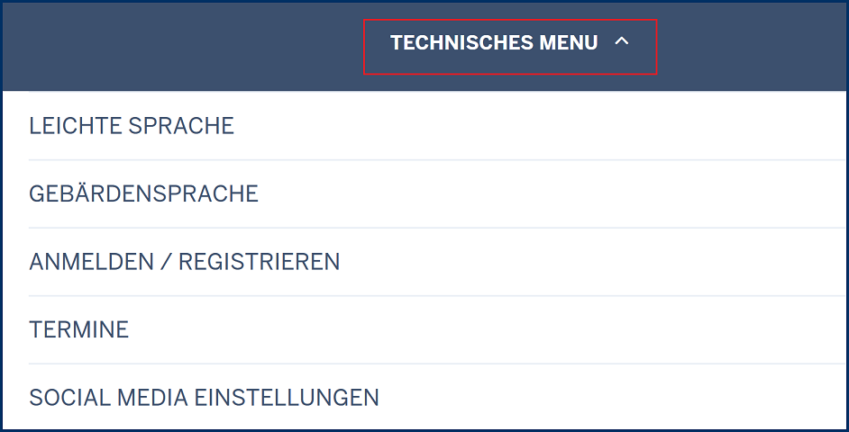 Das technische Menü und die 5 Schaltflächen: „Leichte Sprache“, „Gebärdensprache“, „Anmelden/Registrieren“, „Termine“, „Social Media Einstellungen“.