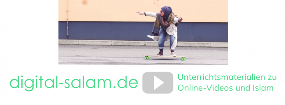 Videoausschnitt, in dem eine Muslima auf einem Longboard fährt. Darunter das Logo von "Digital Salam".