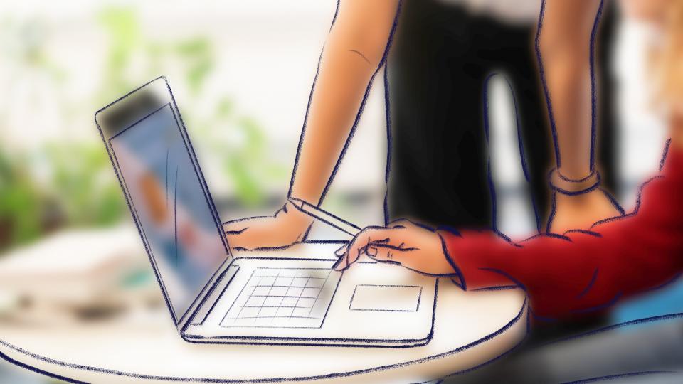 Illustration zweier Personen an einem Laptop.