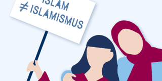 Eine Frau mit Kopftuch umarmt eine Person, die ein Schild mit der Aufschrift "Islam ungleich Islamismus" hält.