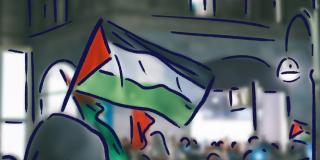 Eine Gruppe von Menschen, die palästinensischen Flaggen halten. Die Flagge zeigt die panarabischen Farben Schwarz, Weiß, Rot und Grün.