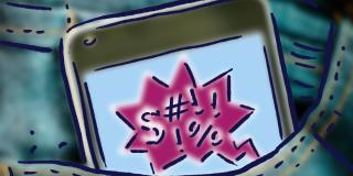 Ein Mobiltelefon, das in einer hinteren Hosentasche liegt.